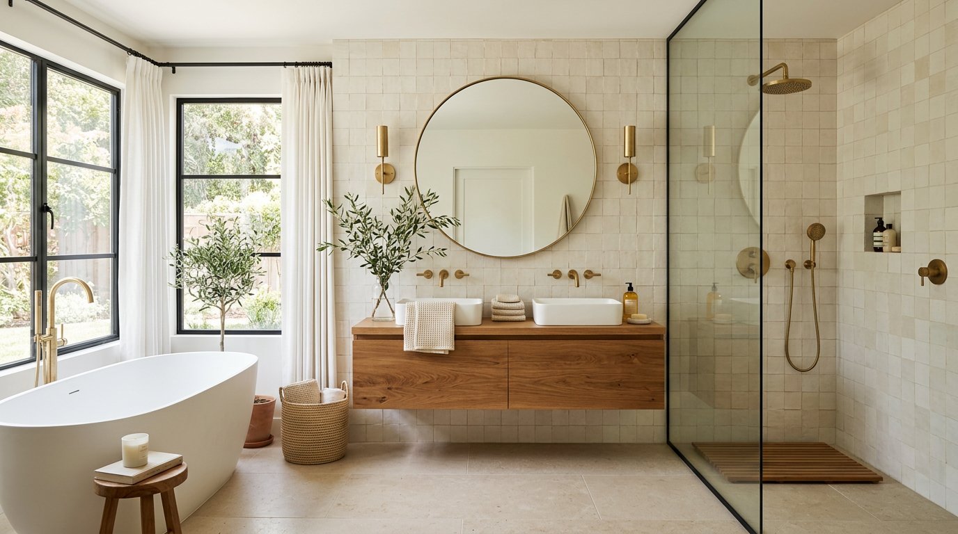Bright bathroom with handmade tile, oak vanity, and brass fixtures