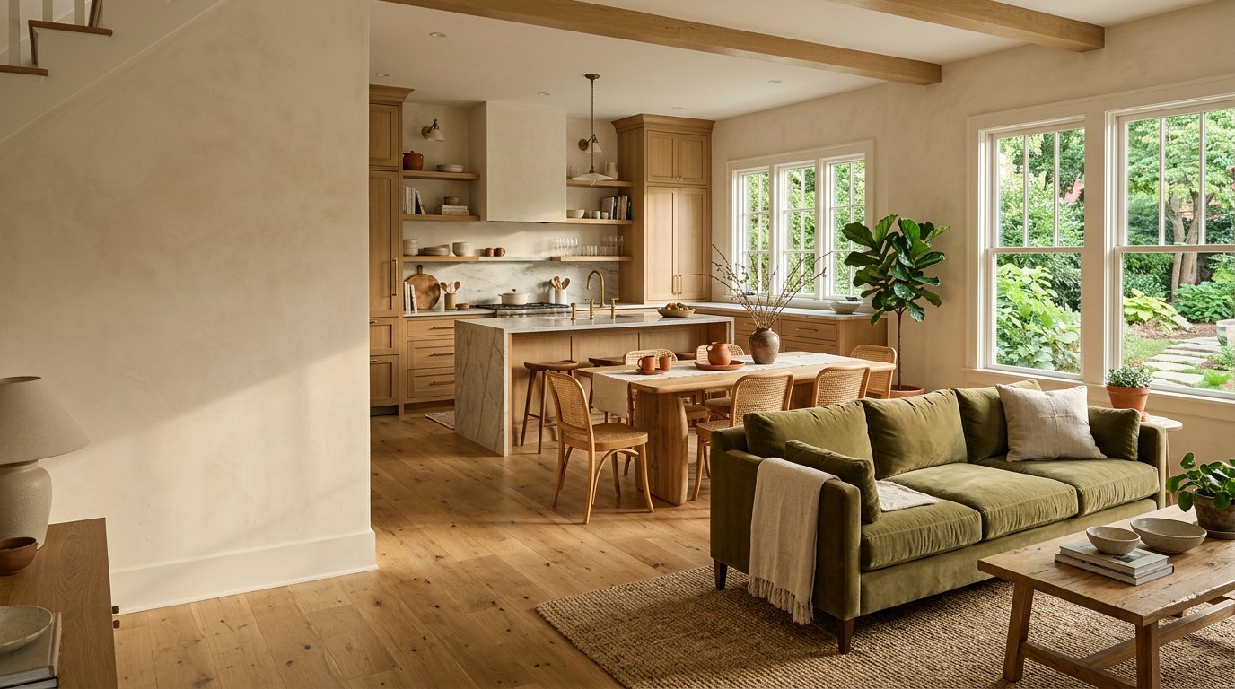 Warm, sunlit living room and kitchen with natural wood finishes