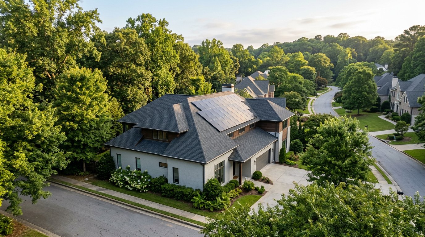 Low-profile solar panels on a tree-lined neighborhood home